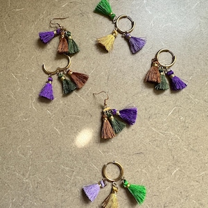 Mardi Gras Huggy Hoop Earrings - Green Gold Purple Tassels