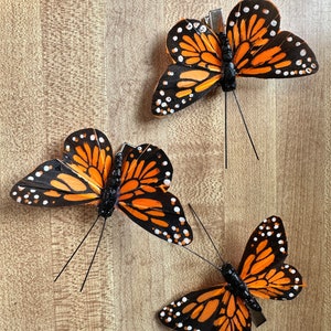 Peut inclure: Trois pinces &agrave; cheveux papillon avec des ailes orange et noires orn&eacute;es de points blancs. Chaque pince poss&egrave;de un corps noir et deux fines antennes. Les ailes ont un aspect textur&eacute; et le m&eacute;canisme m&eacute;tallique est visible en dessous.