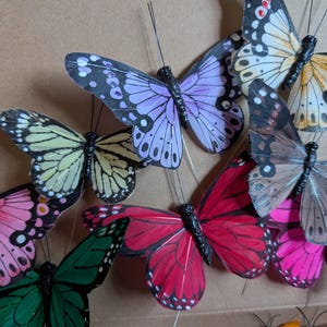 Peut inclure: Une collection de papillons artificiels avec de fines antennes en fil de fer, pr&eacute;sentant diverses couleurs dont le violet clair, le jaune p&acirc;le, le rose vif, le vert profond et des motifs bruns avec des bords d'ailes noirs et des taches blanches.