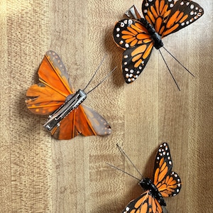 Peut inclure: Trois pinces &agrave; cheveux en forme de papillon avec des ailes orange et noires orn&eacute;es de points blancs. Chaque pince est dot&eacute;e d'une attache m&eacute;tallique de type crocodile fix&eacute;e sous le papillon, incluant deux fines antennes en fil noir.