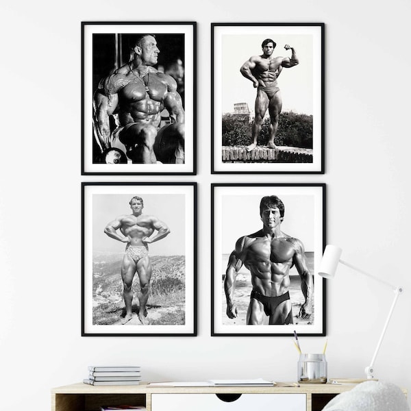 Bodybuilding Legends Vintage Photo Set of 4 - Arnold Schwarzenegger, Dorian Yates, Franco Columbo & Frank Zane | Wall Art | Gym Decor |
