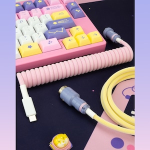 Astrolokeys Themed Custom Coiled Keyboard Cable | Pastel Pink/Yellow With Lavender Aviator| Made to Order USB Cable For Mechanical Keyboards