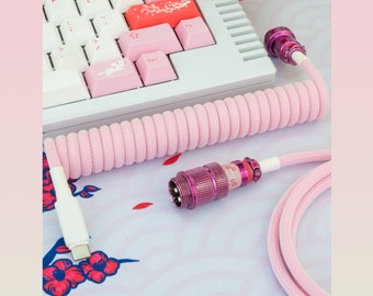 Hazakura Themed Pink Custom Coiled Keyboard Cable With Pink Metallic Coloured Aviator | Made to Order USB Cable For Mechanical Keyboards