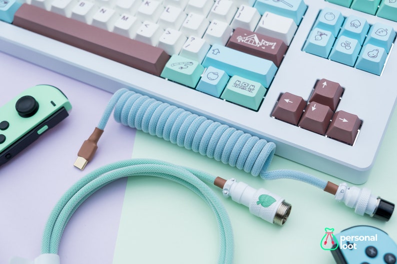 Islander AC Themed Custom Coiled Keyboard Cable With White Aviator and Leaf Artwork | Made to Order USB Cable For Mechanical Keyboards 