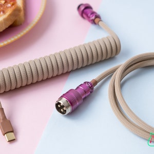 PB & J Themed Custom Coiled Keyboard Cable | Beige Cable With Berry Pink Metallic Aviator | Made to Order USB Cable For Mechanical Keyboards