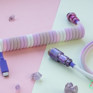 Amethyst Themed Custom Coiled Keyboard Cable | Pink/Red/White With Pink/Purple Aviator | Made to Order USB Cable For Mechanical Keyboards