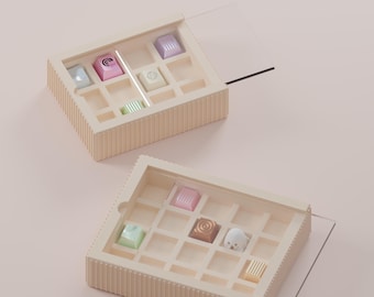 キースイッチとキーキャップを収納できる積み重ね可能な収納ボックス