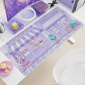 Cookie in Paris Deskmat | Kawaii Pastel Purple Lavender Design | For Gaming | For PC Setup