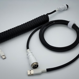 White on Black Custom Coiled Keyboard Cable | Black With White Coloured Aviator + Accents | Made to Order USB Cable For Mechanical Keyboards