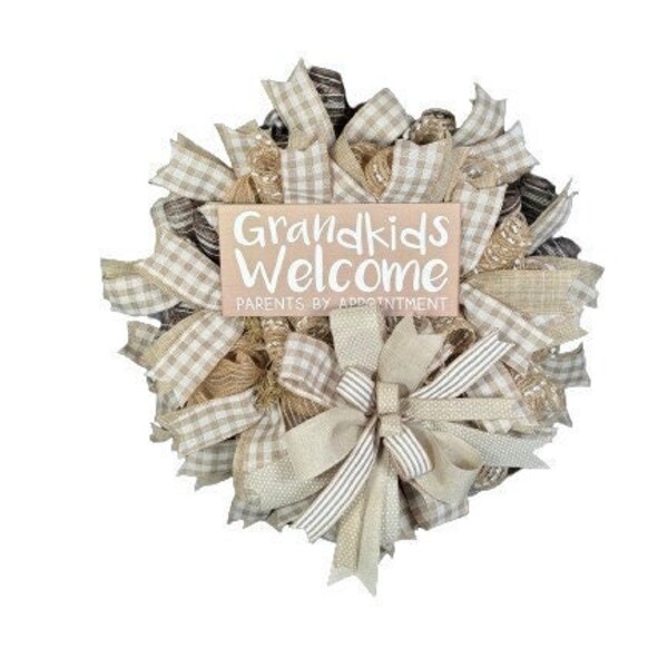 Charming  Burlap Wreath with Plaid Ribbons - 'Grandkids Welcome' Sign - Perfect Gift for Grandparents