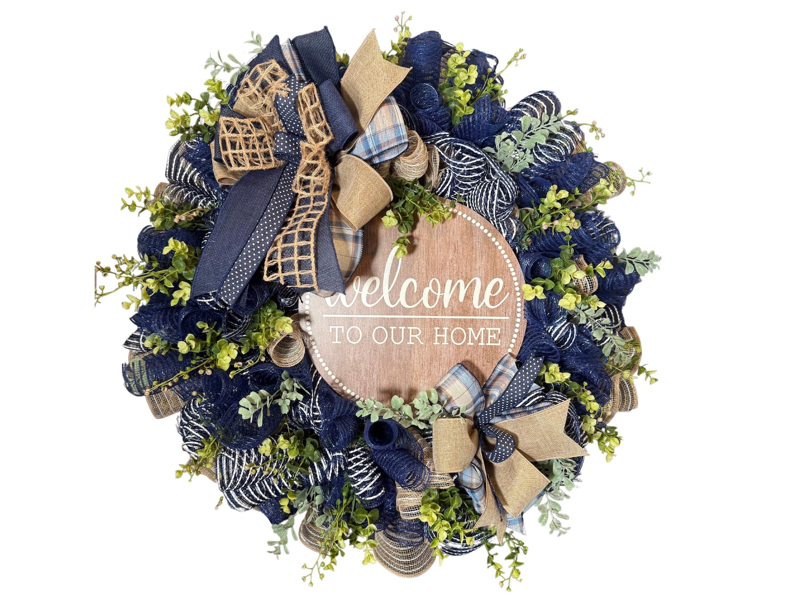 Rustic Farmhouse Wreath: Plaid Burlap Bow, Welcome Home Decor