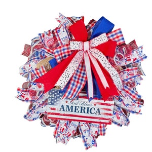 Patriotic American Flag Wreath - Handcrafted Red, White, and Blue Fabric Wreath with Wooden Sign