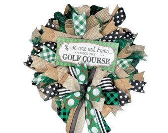 Golf-Themed Burlap Deco Mesh Wreath - Green & Black Plaid with Golf Sign, Perfect Golf Lover Gift, Summer Wreath, Everyday Door Decor
