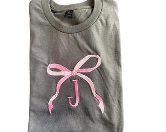 Coquette Bow Monogram T-Shirt, Embroidered Initial Shirt, Gildan Custom Tee, Personalized Gift for Her, Soft Girly Aesthetic Top