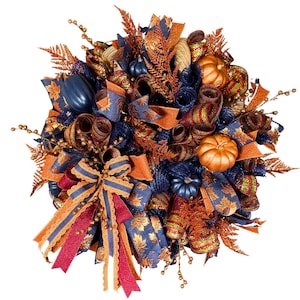 Handmade Fall Wreath with Copper and Navy Ribbon | Autumn Pumpkin Wreath for Front Door | Elegant Seasonal Decor