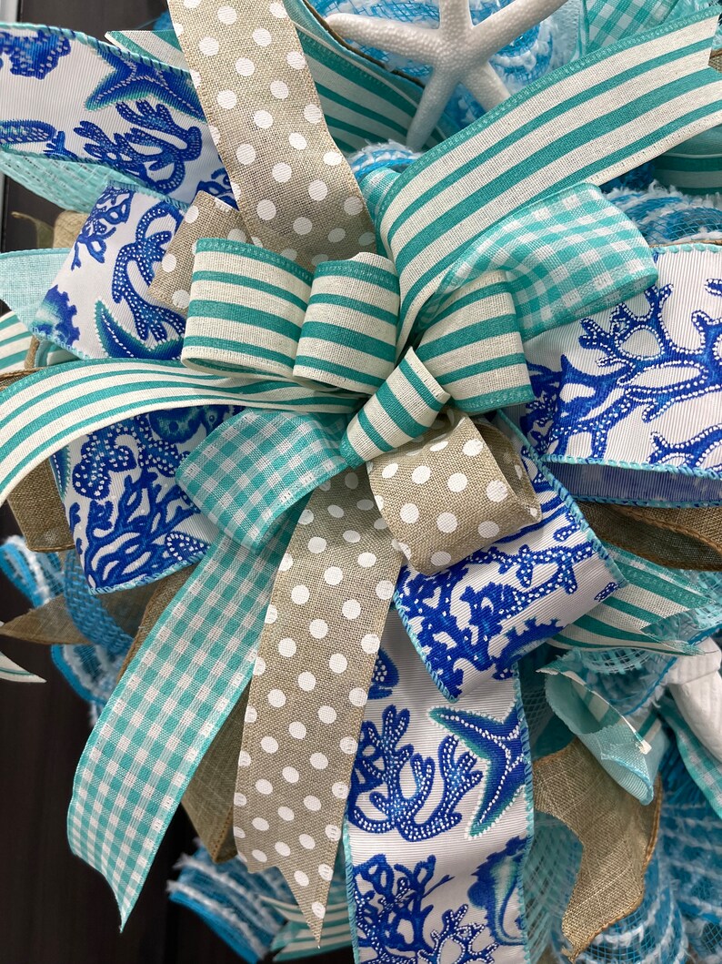 Extra Large 28 Beach Themed Poly Mesh Wreath, Ribbon Tails, Wired 12 ...