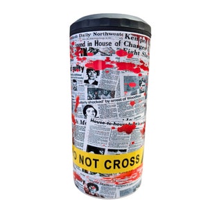 True Crime Tumbler Can Cooler, Crime Scene Tumbler, Bloody Newspaper Design, Do Not Cross Cooler, Murderino Gift for Her/Him READY TO SHIP