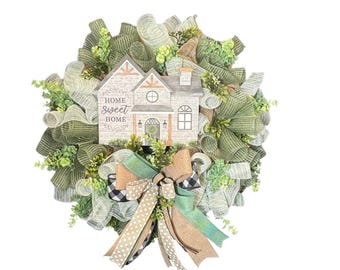 Home Sweet Home Wreath Large Rustic Farmhouse Greenery Door Decor, Handmade Mesh Wreath w Sign, Perfect for Housewarming or Everyday Decor