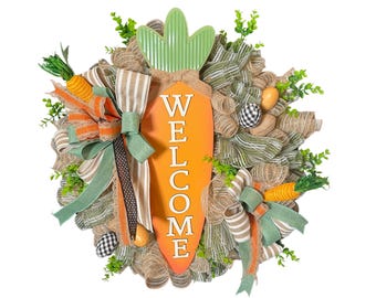 Large Spring Carrot Wreath, 27” Easter Door Decor, Rustic Burlap Mesh Wreath with Wooden Carrot Welcome Sign