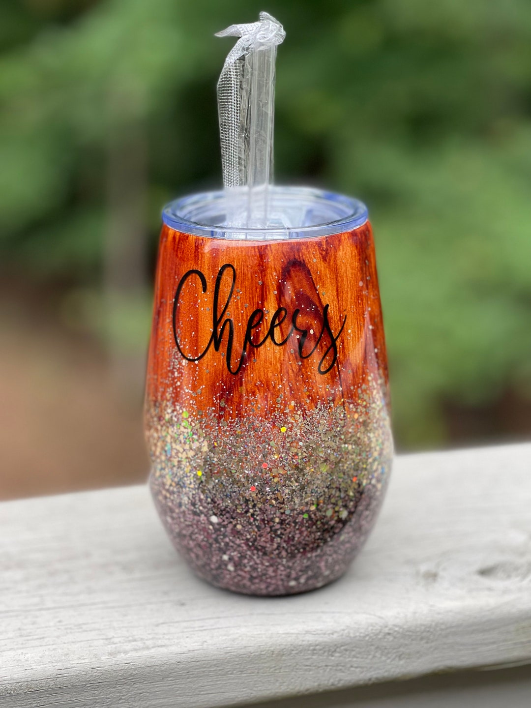 14 Ounce Stainless Double Wall Insulated Wine Glass Woodgrain Etsy