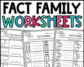 Turn Around Fact and Fact Family Worksheets: First and Second Grade Math Worksheets Printable PDF