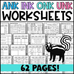 May include: Black and white printable worksheets for learning the sounds of the letters "ank", "ink", "onk", and "unk". The worksheets include activities such as reading and finding words, coloring by code, and completing sentences. There are 62 pages of worksheets.