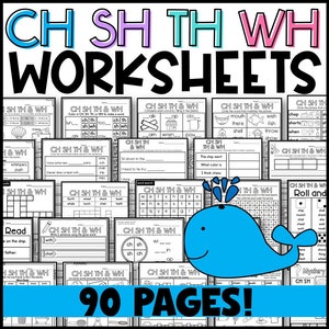 May include: A set of 90 black and white printable worksheets for teaching children the sounds of the letter combinations "ch", "sh", "th", and "wh". The worksheets feature a variety of activities, including word searches, colouring pages, and writing prompts.