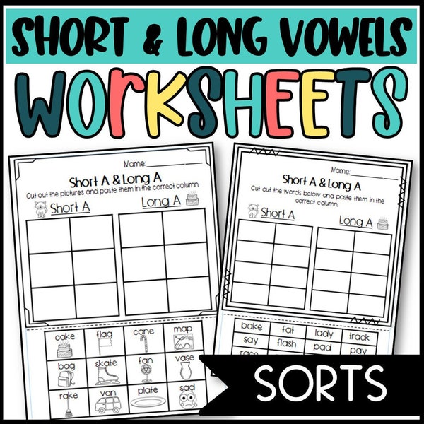 Long and Short Vowel Sorts A, E, I, O, and U: Kindergarten First Grade Second Grade Worksheets Printable PDF Homeschool