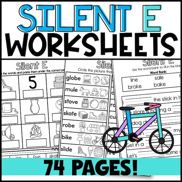 Long Vowel Silent E Worksheets: First Grade Kindergarten Second Grade Phonics Worksheets Homeschool PDF Printable