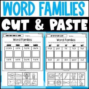 May include: Black and white printable worksheet with the title "Word Families Cut & Paste". The worksheet has two sections, one for the "ank, ink, onk, unk" word family and the other for the "at, et, it, ot, ut" word family. Each section has five words and five blank spaces for students to paste pictures under the correct word.