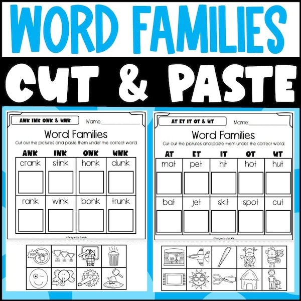 Word Families Cut and Paste Phonics Worksheets: Printable First Grade Kindergarten Second Grade Homeschool