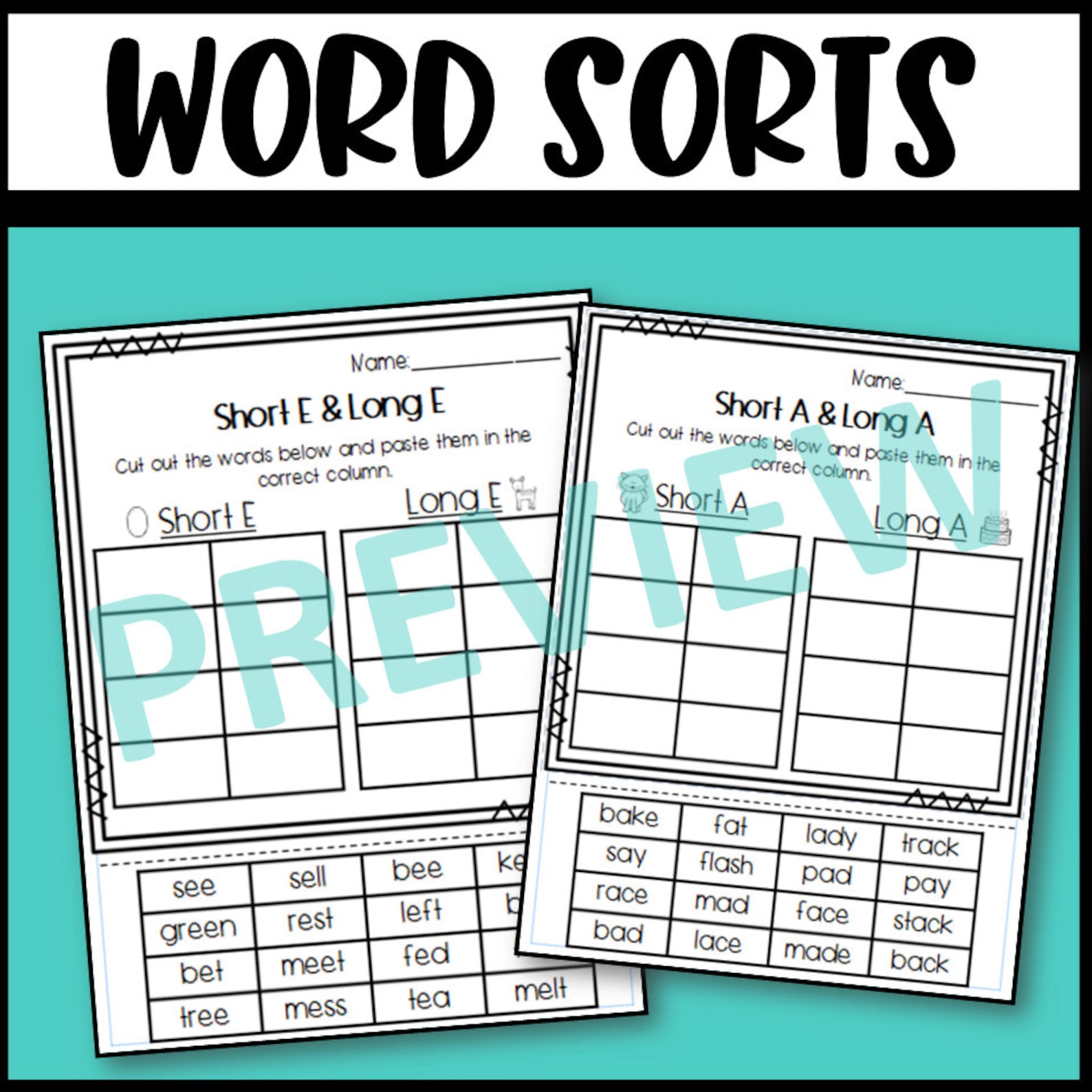 Long and Short Vowel Sorts A, E, I, O, and U: Kindergarten First Grade ...