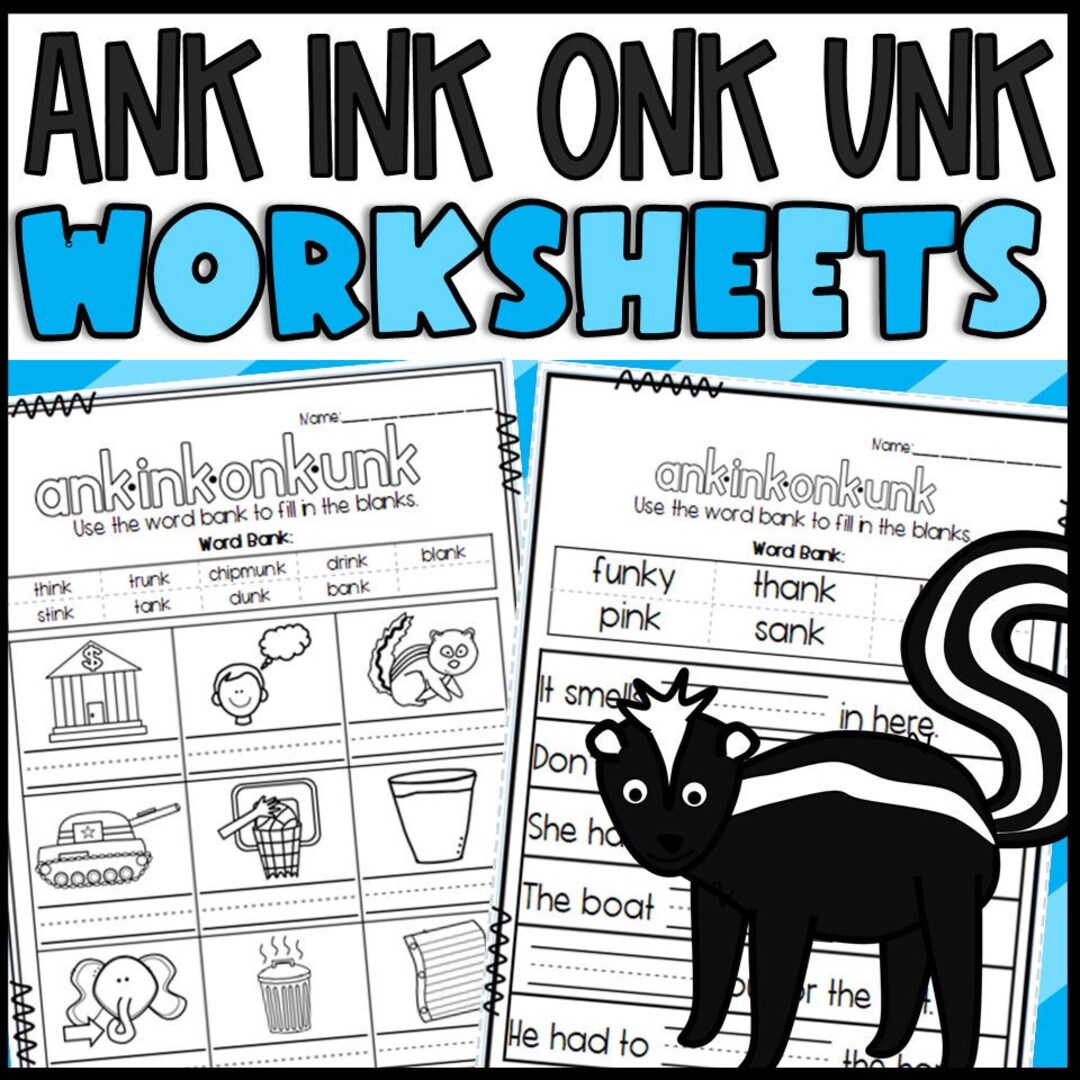 Ank Ink Onk and Unk Worksheets: Cut and Paste Sorts Cloze - Etsy