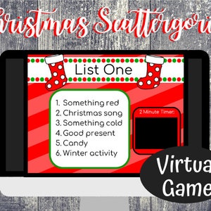 May include: A computer screen displaying a Christmas Scattergories game with a red and green striped background. The game lists six categories: something red, Christmas song, something cold, good present, candy, and winter activity. A 2 minute timer is displayed on the screen. The text "Virtual Game" is displayed below the screen.
