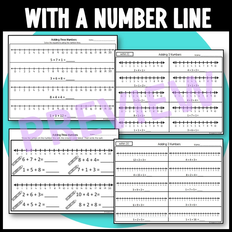 Adding 3 Numbers Worksheets, Number Line, Word Problems Printable