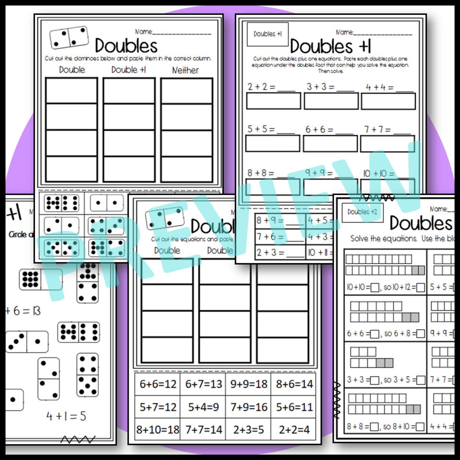 Doubles, Doubles Plus 1, and Doubles Plus 2 Worksheets: First Grade