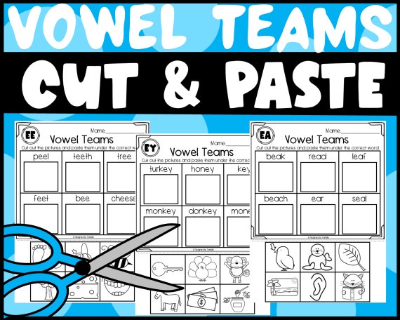 vowel teams cut and paste worksheets printable etsy