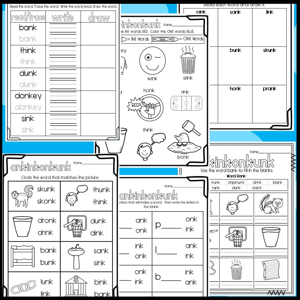 Ank Ink Onk and Unk Worksheets: Cut and Paste Sorts Cloze Read Ank Ink Onk and Unk Worksheets: Cut and Paste Sorts Cloze Read