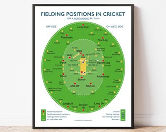 May include: A framed educational poster titled FIELDING POSITIONS IN CRICKET FOR A RIGHT-HANDED BATSMAN. The graphic displays a green cricket field diagram with red and yellow dots marking positions, labeled with text and a legend at the bottom.
