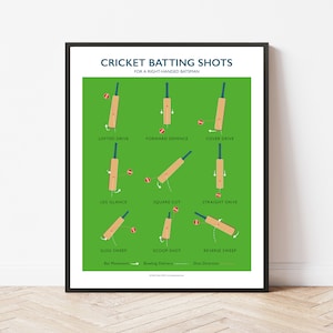 May include: A green and white illustrated poster showing different cricket batting shots for a right-handed batsman. The poster includes the names of each shot, the direction of the ball, and the movement of the bat.