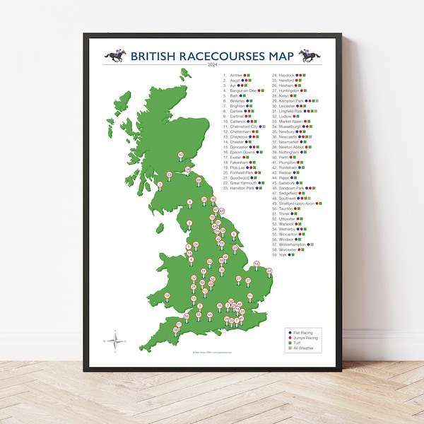 Carte de l'hippodrome britannique 2024 - Cadeau de course de chevaux - Impression - Poster