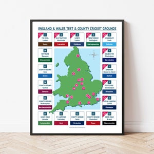 England and Wales Test and County Cricket Grounds - Cricket - Cricket Gift - Print - Poster - Home Decor