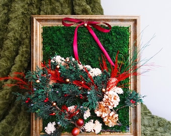 Framed Christmas Moss Wall Art: Golden Pinecones & Red Ribbon