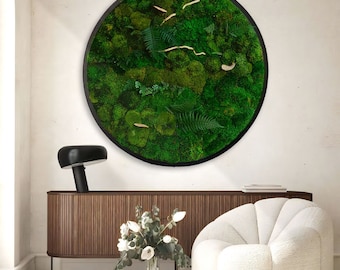 Circular Wooden Framed Organic Moss Wall Art with Mushrooms