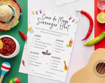 Cinco de Mayo utskrivbart spel | Spansk skattjakt | Mexikanskt partyspel för vuxna | Rolig gruppaktivitet för fest | Skattjakt för kontorsfesten