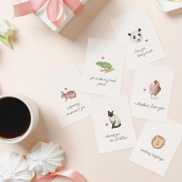 Printable Valentine Mini Card Set | Cute Punny Animals | Anniversary Cat Puns | Galentine's Day Bear Card Bundle | Hedgehog Pun Card Pack