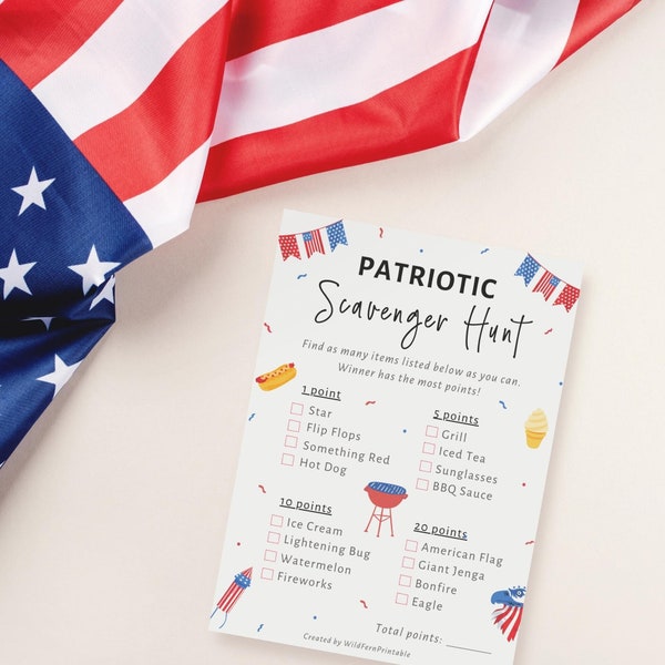 Patriotic Printable Game | Labor Day Kids Scavenger Hunt | Memorial Day Family Treasure Hunt | 4th Of July Group Party Activity | USA Fourth