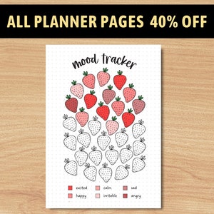Può includere: Una pagina di tracciamento dell'umore stampabile con un design a fragola. La pagina include una griglia di fragole che possono essere colorate per tracciare l'umore. Le opzioni di umore sono: eccitato, felice, calmo, irritabile, triste e arrabbiato.