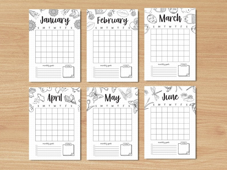 12 Month Calendar Pages A5 Journal Monthly Calendar Template Monthly ...