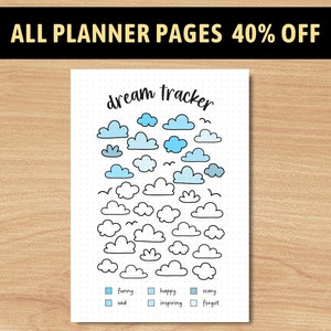 May include: A printable dream tracker page with a cloud theme. The page features 20 cloud shapes to color in, with a key to color them based on the type of dream. The key includes categories like funny, happy, scary, sad, inspiring, and forgot.